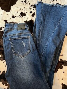 Dark Blue Flare Jeans with Frayed Hem - Unbranded
